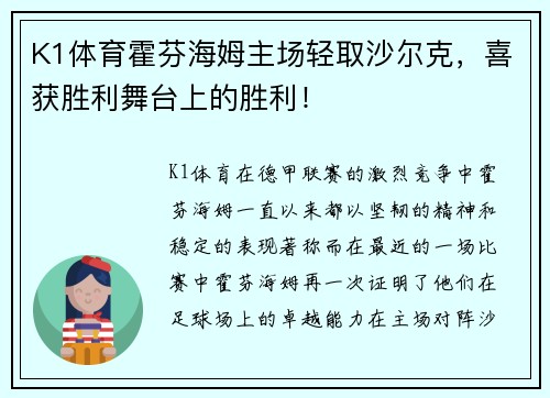 K1体育霍芬海姆主场轻取沙尔克，喜获胜利舞台上的胜利！
